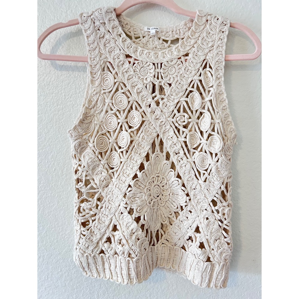 Boho Hippie Crochet Macrame Floral Open Knit Tank Top Cream Sleeveless OS - Picture 6 of 10